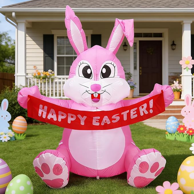 Dearsun 5FT H Adorable Easter Inflatable Bunny Holding a Banner, Easter Bunny Blow up Yard Decorations Giant Pink Bunny with LED Lights for Holiday Party Indoor Outdoor Décor