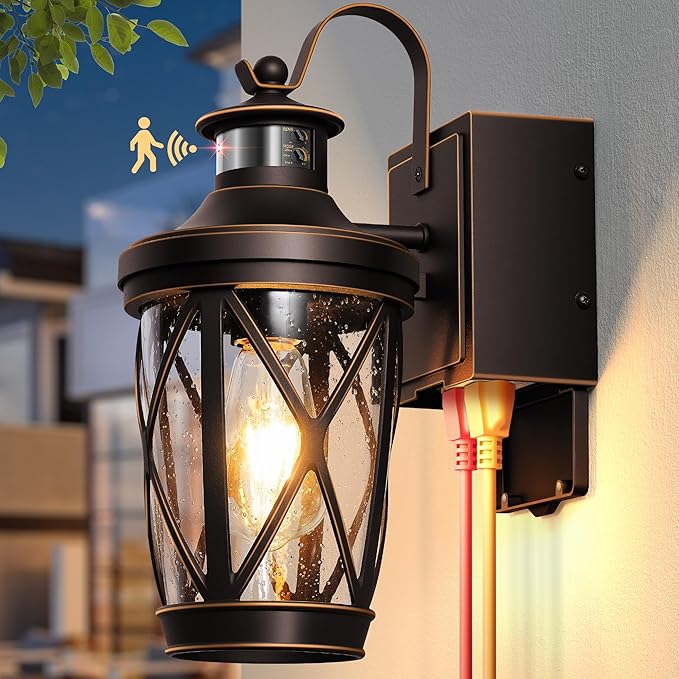 Motion Sensor Porch Light with GFCI Outlet, Oil Rubbed Bronze Outdoor Light with Outlet, Exterior Wall Lights Wall Mount, Anti-Rust Front Porch Light Fixtures, Waterproof Garage Lantern Lights