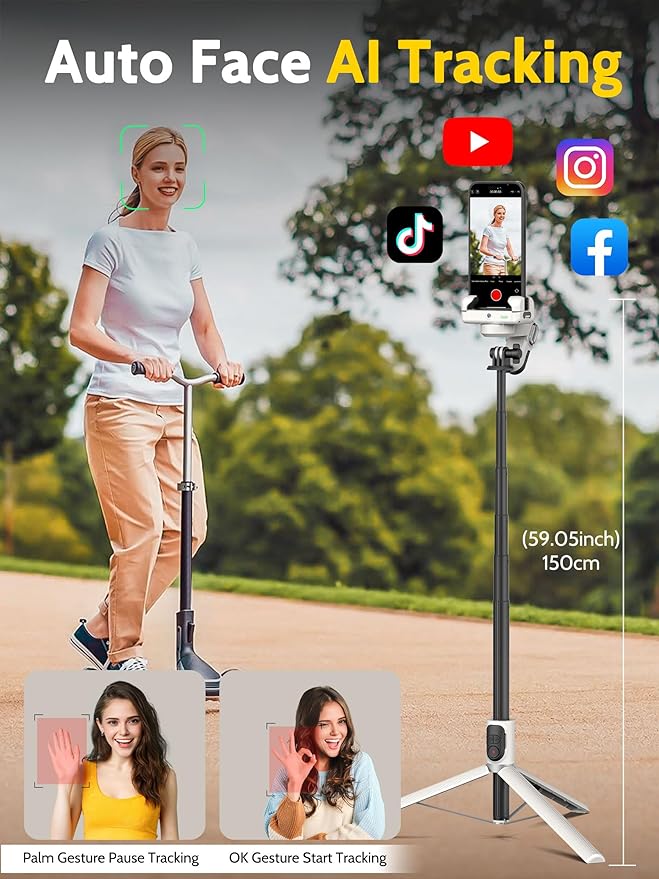 AOCHUAN Auto Face Tracking Tripod 360 Rotation w/Stand for iPhone Android,Selfie Stick Phone Stand 360 Rotating for Video Recording,Phone Holder Follow You w/Remote,RGB Light for TikTok(M2Pro White)