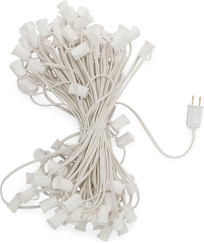 HLO Lighting C7 Light Strings | 50' White Cord with 12" Socket Spacing, E12 Light Stringer for C7 Christmas Lights