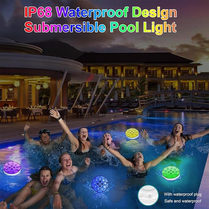 2 Pack Rechargeable Pool Lights for Above Ground Pools, 16 Colors Floating Pool Lights with RF Remote, Submersible led Lights Shower Lamps Decoration Spa, Fountain, Bath, Party