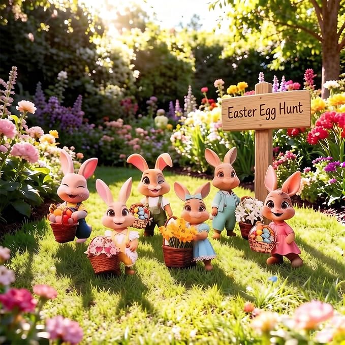 Outdoor Easter Decorations with 393.7 Inch LED Light for Home Bunny Porch, Plastic Easter Outdoor Bunny Yard Decorations, 6 Pcs, 13.78 x 9.45 In