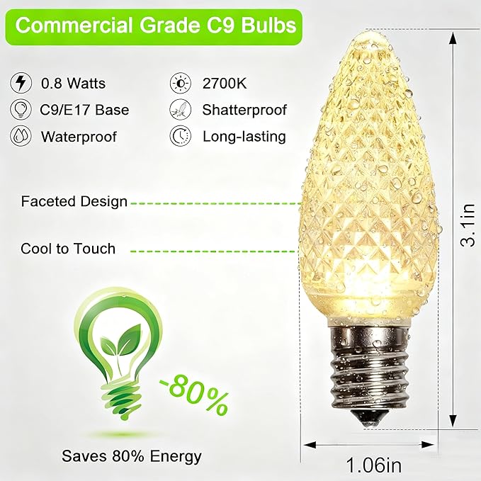 echosari 25 Pack C9 LED Replacement Christmas Light Bulbs for Outdoor String Lights, 0.8W UL Listed Commercial Grade Holiday Bulbs, C9/E17 Candelabra Base Sockets (Warm White)