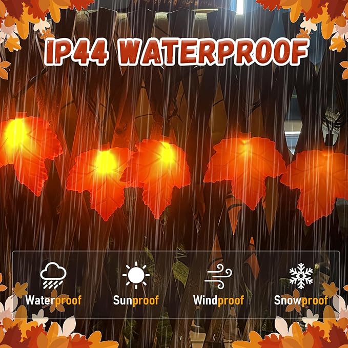 Fall Decorations Lights, 8.5Ft Outdoor Thanksgiving Decorations Lights with 10 LED Orange Maple Leaves Light, Hanging Orange Halloween String Light for Home Garland Autumn Harvest Thanksgiving Decor
