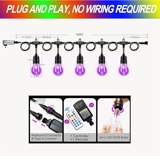 105FT Outdoor String Lights, 32 Shatterproof E26 Edison LED Bulbs, Dimmable RGB Color Changing Patio Lights Waterproof with Remote. for Backyard, Garden, Party, Bistro, Cafe