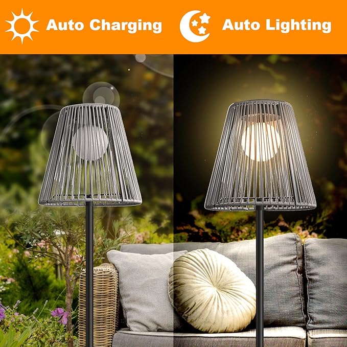 Outdoor Solar Floor Lamp, Garden Rattan Wicker Light, Metal Pole and Base, Waterproof Yard Garden Wedding Home Decor Light -Grey