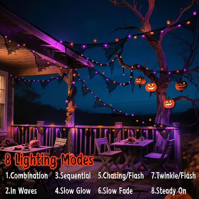 Halloween Lights Battery Operated or USB, Creepy Cloth String Lights with Timer Waterproof 9.8ft 30LED Orange and Purple String Lights Halloween Decortions for Fireplace Window Door Mirror