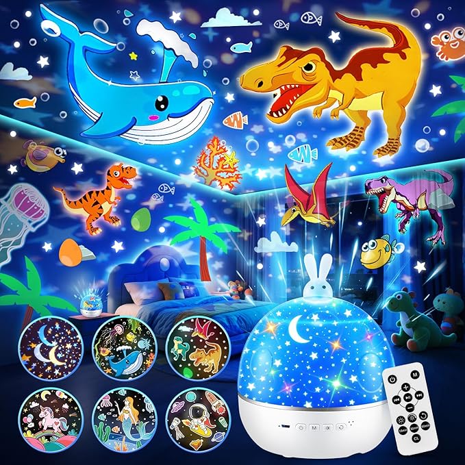 One Fire Dinosaur Night Light Projector, with 15 Films & Bluetooth Music and Remote-Controlled Dino Night Light, Rechargeable Star Projector for Kids, Dino Decor Dinosaur Gifts for Boys.