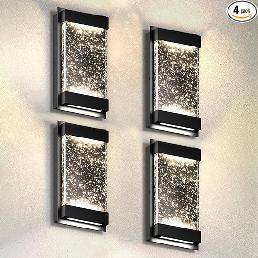 ASD LED 12" Bubble Glass Wall Light Fixture, Outdoor & Indoor Seeded Sconce | 3CCT, Waterproof, Dimmable, Up-Down Glow, ETL Listed | 22W 500LM 3000-5000K 120V | Exterior Porch Lighting | Black, 4 Pack