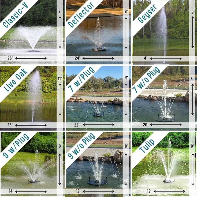 HALF OFF PONDS Floating Fountain, 1/2 HP Pond Aerator, 100 ft Cord, 6,100 GPH Water Pump, 9 Spray Patterns, Color-Changing LED Lights & Control Box, for Ponds & Water Gardens