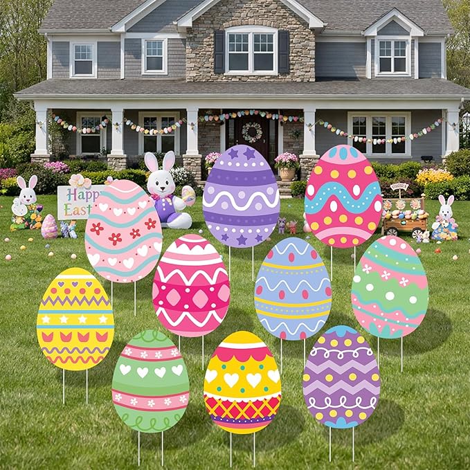 Large Easter Yard Signs 10pcs with Stakes Colorful Eggs Decorations Outdoor Holiday Welcome Signs for Happy Easter Themed Festival Party Supplies, Lawn, Garden Yard Decor