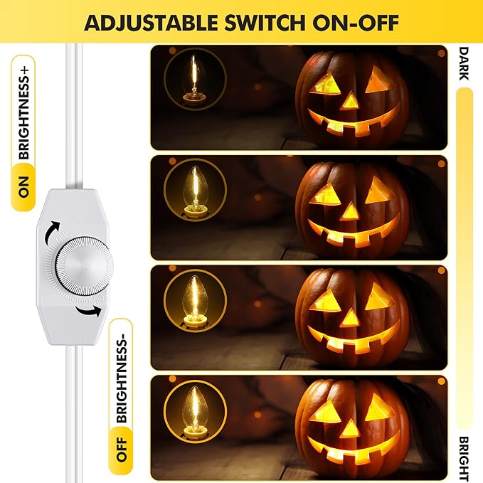 Meonum 2 Pack Christmas Village Lights with 4 LED Light Bulbs, 12 Ft Blow Mold Light with C7 Lamp, Rotary On/Off, Female/Male Plugs, Spare Fuses, Accessary Cord for Halloween Christmas Village House