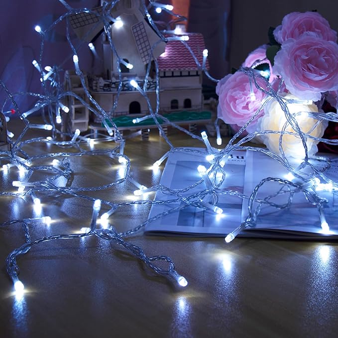 GHJ Battery Operated Remote Control Rainproof LED String Lights, Color Changing Fairy Lights for Christmas Tree Xmas Garden Party (White-Warm, 50LEDs)