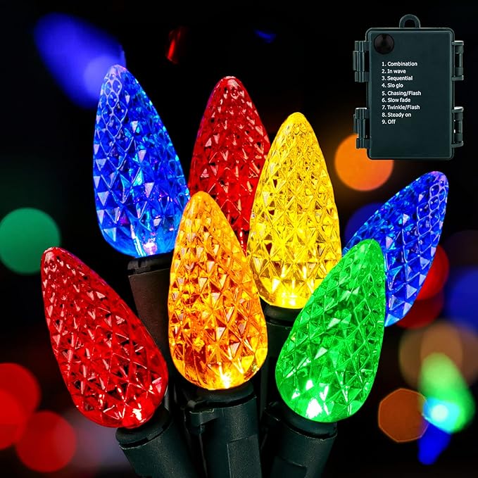 Brightown C6 LED Christmas String Lights - 2 Pack 20ft 60LED Battery Operated Strawberry String Lights with Timer and 8 Light Modes for Christmas Trees, Wreaths, Indoor Outdoor Xmas Decor, Multicolor