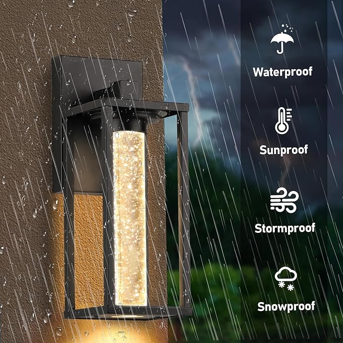 WIHTU Outdoor Light Fixture, LED Exterior Lighting Fixtures with Crystal Bubble, Matte Black Waterproof Outdoor Porch Lights for House, 2 Pack Outside Sconce Lighting for Patio Garage