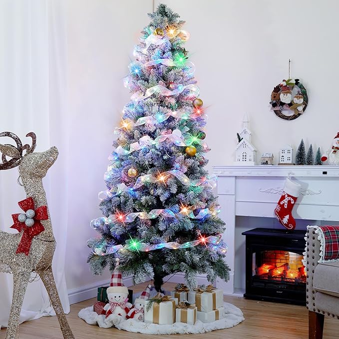 Christmas Tree Ribbon String Lights - 33ft 100 LED Battery Powered Fairy Lights with Timer and 8 Lighting Mode, Ribbon Bow Light for 6ft - 8ft Christmas Tree New Year Decor, Silver Ribbon, Multi-color