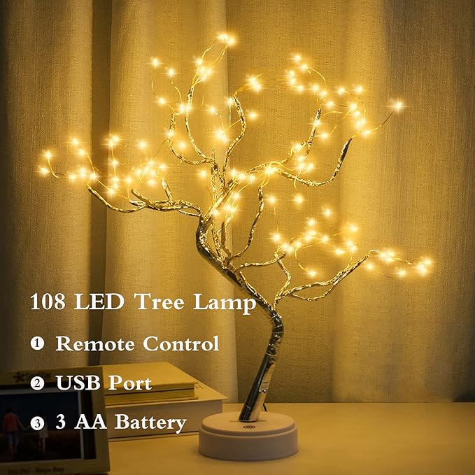 2 Pack 108 LED Sparkly Fairy Spirit Tree Lamp Remote Control, DIY Artificial Tree Lamp, 8 Modes USB/Battery Tabletop Bonsai Tree Light for Bedroom Desktop Christmas Indoor Decor (Warm White)