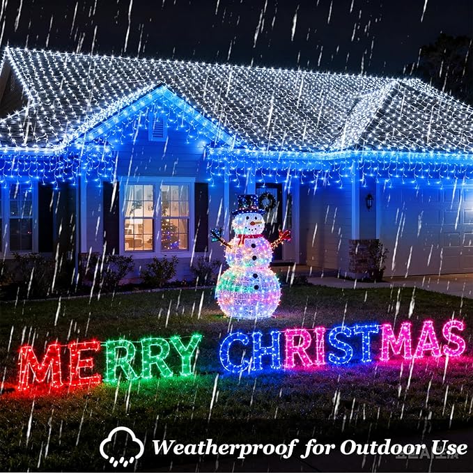 612 LED String lights Indoor Outdoor, 60ft Christmas Window Lights with 136 Drops 12 Modes, Dimmable Curtain Lights, Fairy Lights for Bedroom Holiday Wedding Party Home Xmas Decorations, Blue
