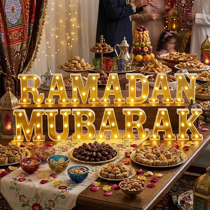 Ramadan Mubarak Large LED Lights Mirror-Effect Letter Lights Battery Powered Eid Mubarak Decorations for Party Decorations Indoor Outdoor