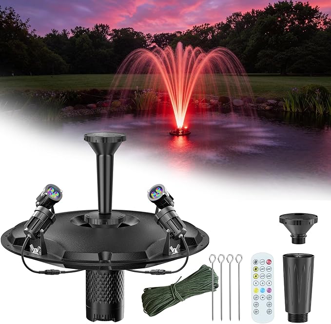 POPOSOAP Floating Fountain with LED Lights, Pond Fountain and Aerator Complete Kit with 1200GPH Water Pump 30FT Power Cord, 3 Spray Styles for Ponds, Pool, Lakes & Water Gardens P145