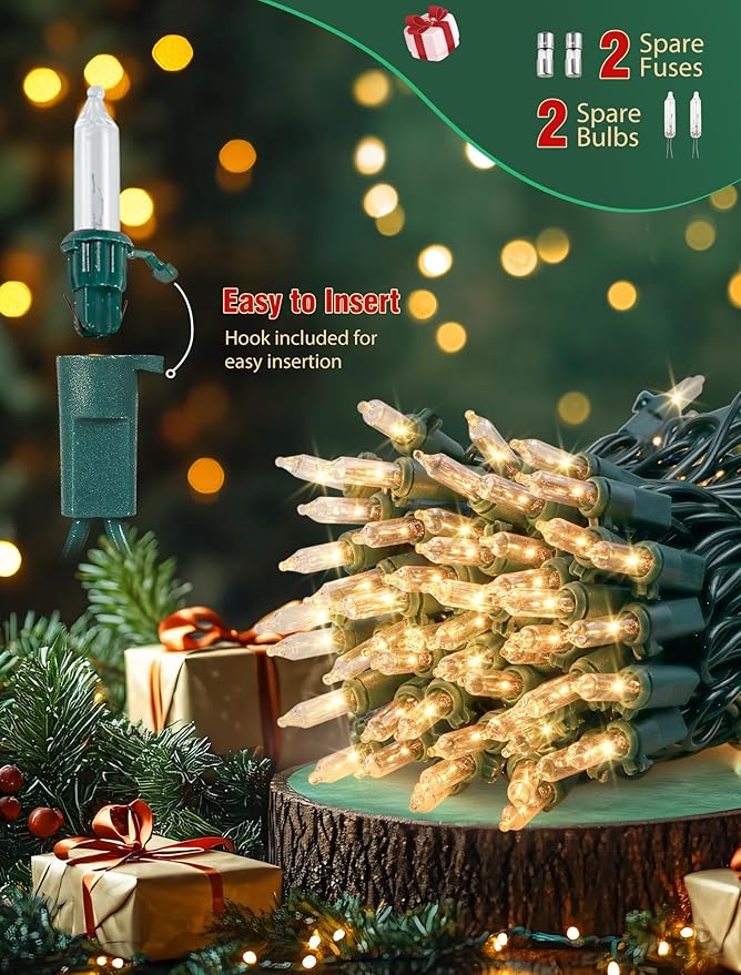 Hopolon 50 Count Clear Christmas Lights 13 Feet Incandescent String Lights Green Wire Mini Christmas Tree Light for Indoor Outdoor Garland Birthday Wedding Festival Decoration, Warm White