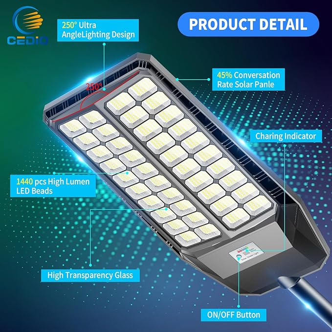 CEDIO Outdoor Solar Street Lights, Solar Lights IP66 Waterproof LED Street Light Dusk to Dawn, Flood Light with Motion Sensor for Yard (9800W-2PACK)