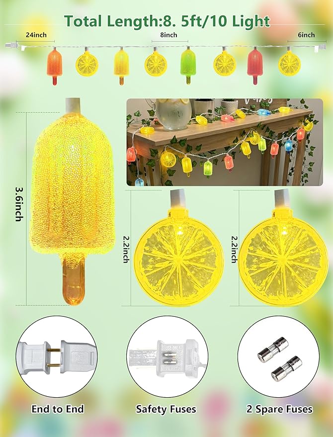 8.5Ft LED Popsicle and Lemon String Lights, Hawaiian Beach Decorations Lights with 10 Multicolor Popsicle and Yellow Lemon Bulbs, Summer Tropical Themed Fairy Lights for Home Party Holiday Camping