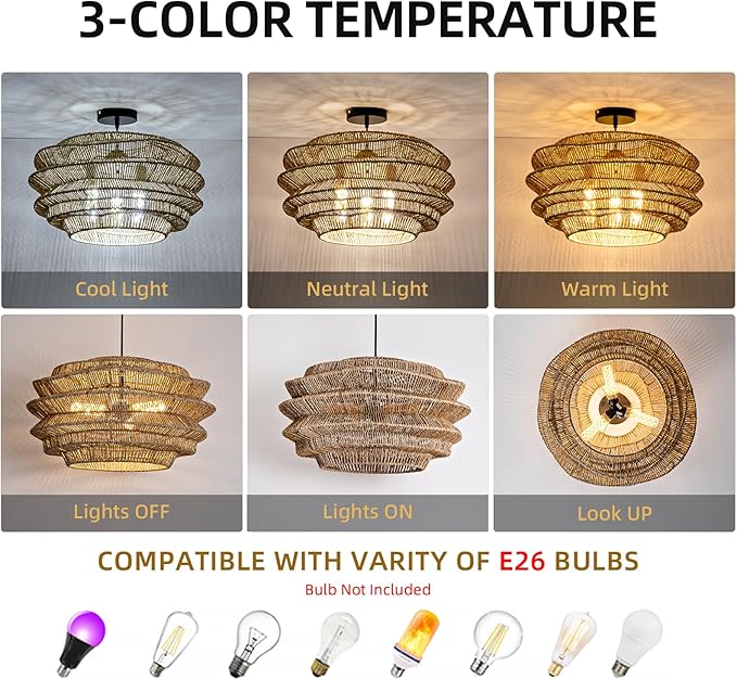 19.7" Rattan Pendant Light,Hand-Woven Rustic Wicker Hanging Light Seagrass Ceiling Chandelier,Water Plants Rattan Chandelier for Dining Living Bedroom Kitchen Farmhouse