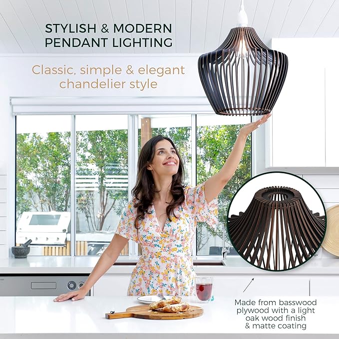 Wood Pendant Light - Easy-to-Assemble Ceiling Chandelier - Modern Boho Hanging Lamp Lighting Fixture for Dining, Kitchen, Bedroom, Living Room - Adjustable Nylon Cord, Uses Standard Bulb