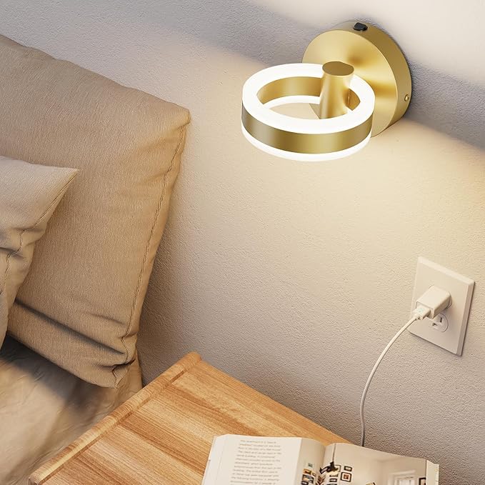 Wall Lamp LED Wall Sconce Rotatable Up-Down Sconces Wall Lighting with Built-in Switch and USB Charging Port 110 Volt AC Hardwired Wall Light (Gold,2 Pack)
