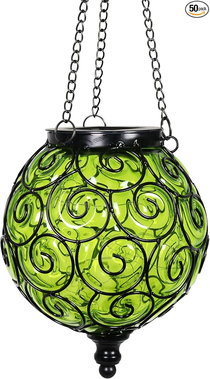 Solar Hanging Lantern Outdoor Garden Lights, Round Glass and Metal Hanging Lantern, 15 Firefly LED Lights, 7 x 20 Inch (Green)