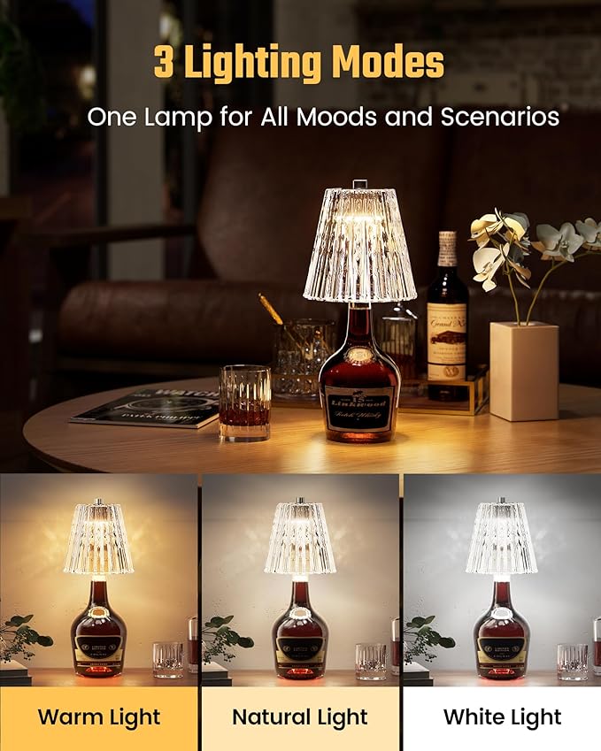 Wireless Bottle Lamp USB Rechargeable with Crystal Lampshade, 3-Color Touch Control Bottle Light Smooth Dimming, Wine Bottle Lamp for Bar Décor, Home, Kitchen & Party Lighting, 1-Pack