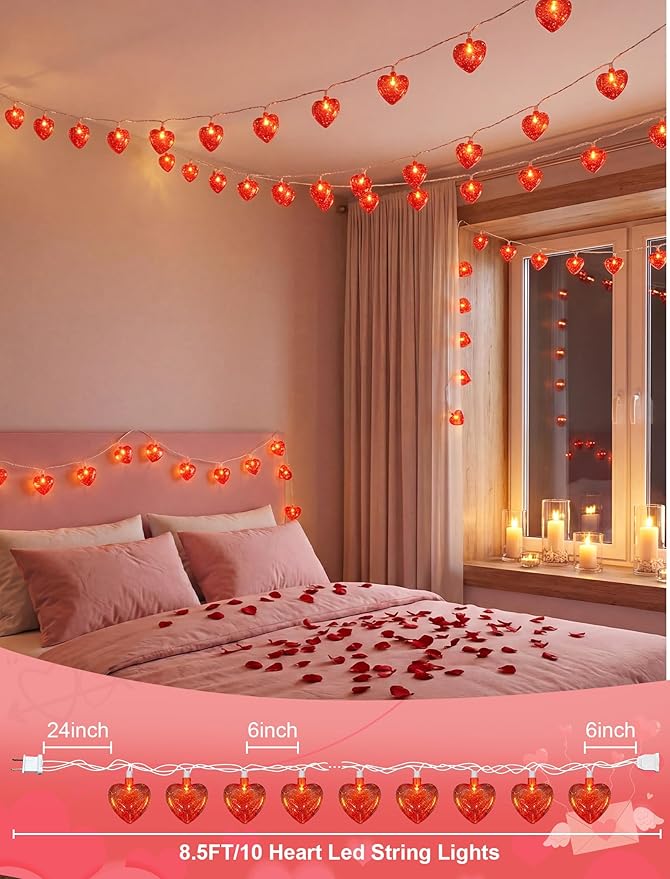 8.5Ft Red Heart String Lights,10 LED 3D Glitter Hearts Plug in Fairy Heart Shape Lights,Connectable Valentine's Day Decorations for Bedroom,Window,Wedding,Anniversary,Indoor Outdoor