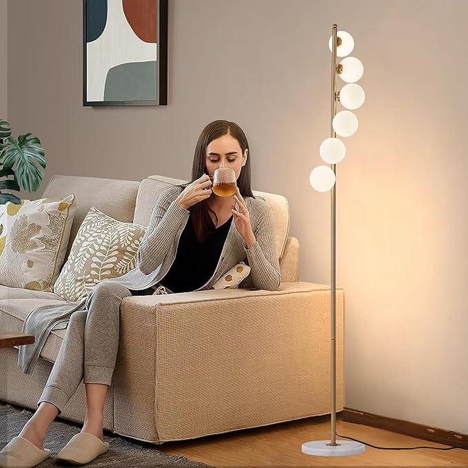 NKU Mid Century Gold Retro Floor Lamp - White Glass Lampshade with Foot Switch, 3 Color Temperatures, 6 Globe Standing Tall Lamp for Living Room, Bedroom & Office