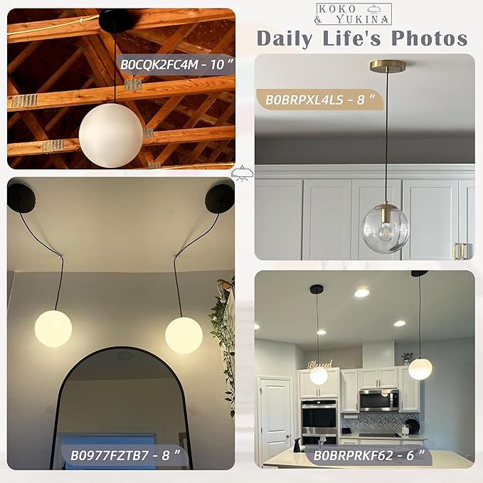 KoKo&Yukina 10" Globe Pendant Light Black Mid Century Pendant Light Mid Century Adjustable Hanging Light Fixture Matte Black Finished with Clear Glass Lampshade for Dining Room Bedroom Kitchen Island