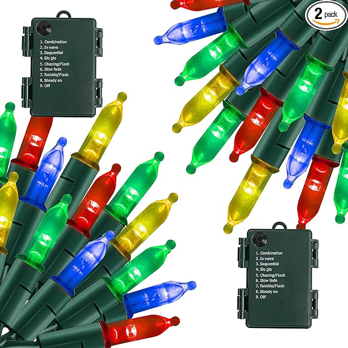 NEROSUN Multi-Colored Battery Operated Christmas Lights, 2 Pack Total 100LED 32FT Waterproof String Christmas Tree Lights with 8 Modes, Xmas Decorations for Indoor Outdoor Yard Wedding Home Decor