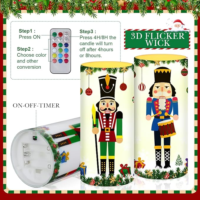 Tiamon 4 Pcs Nutcracker Christmas Flameless Candles Realistic Battery Operated LED Candles with Timer Remote Warm Light Flickering Pillar for Xmas Holiday Table Decorations
