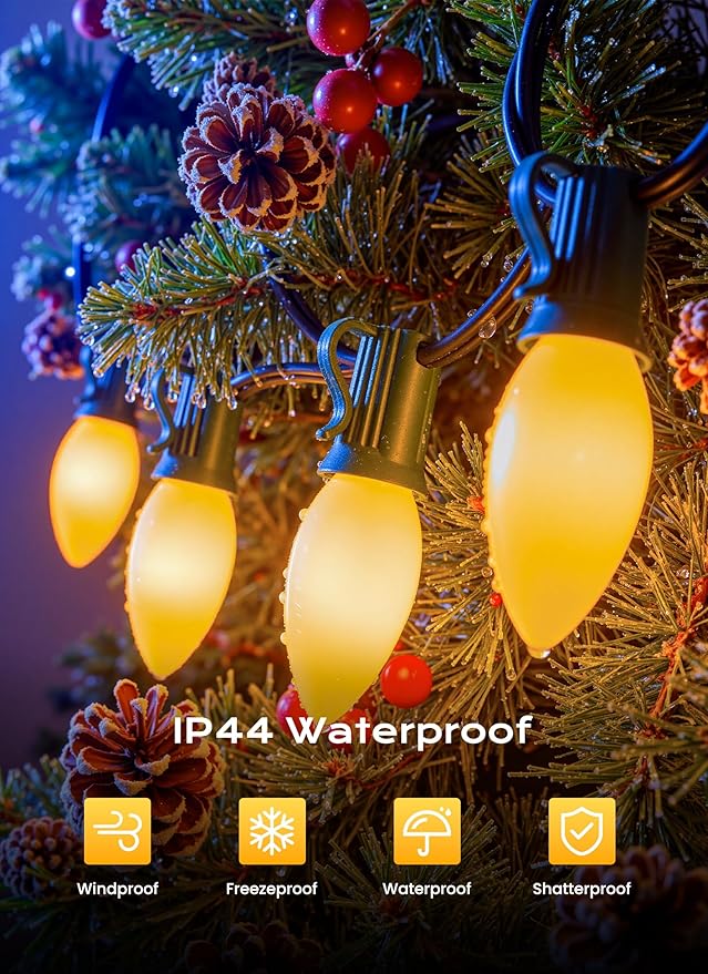 Brightown C9 LED Christmas Lights Outdoor, 100 FT 100 Warm White Connectable C9 String Lights for Christmas Tree Patio Roofline Garden Backyard Holiday Party Indoor Outdoor Decoration, Green Wire