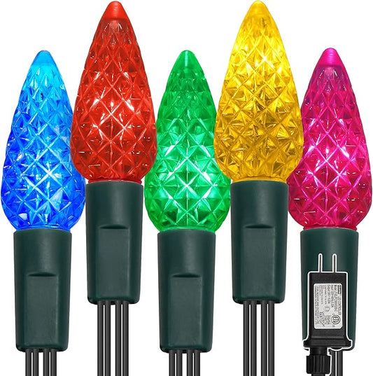 WATERGLIDE C6 Christmas Lights, 33ft 100 LED Faceted String Lights Green Wire Fairy Lights with 29V Safe Adaptor, 8 Lighting Mode, Waterproof for Indoor Outdoor Patio Xmas Tree Party Decor, Multicolor