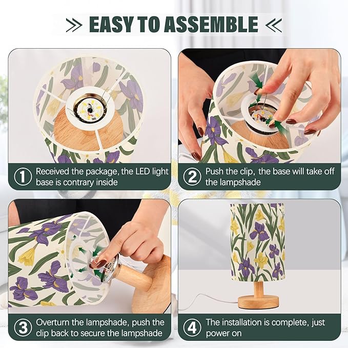 Purple Irises Yellow Daffodils Retro Floral Bedside Table Lamps with USB Port for Bedroom Lamp Small Nightstand Lamp Sturdy Linen Shade Wooden Decorative Lamps for Nursery Kids Reading Dorm Home
