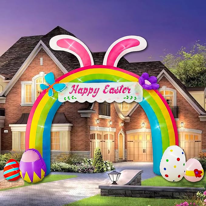 12ft Eeaster Inflatable Archway Decors with Built-in LED Easter Bunny Easter Eggs Archway for Easter Day/Outdoor/Yard/Lawn/Patio/Garden