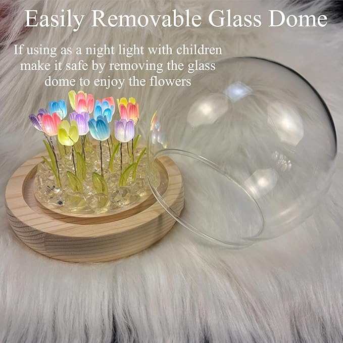 Tulip Lamp Glass Globe - Illuminated Flower Lamp with Glowing Blooms on Wooden Base - Battery-Powered Decorative Night Light for Bedroom, Living Room & Home Decor