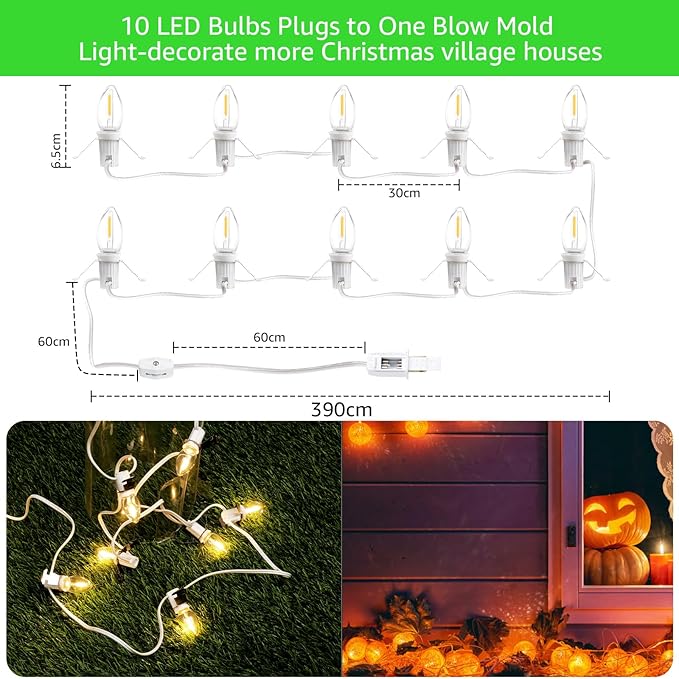 Christmas Village Lights with 10 LED Warm-White Bulb,Decoration for Christmas Village Houses,Halloween Holiday,C7 Christmas Village Light Cord