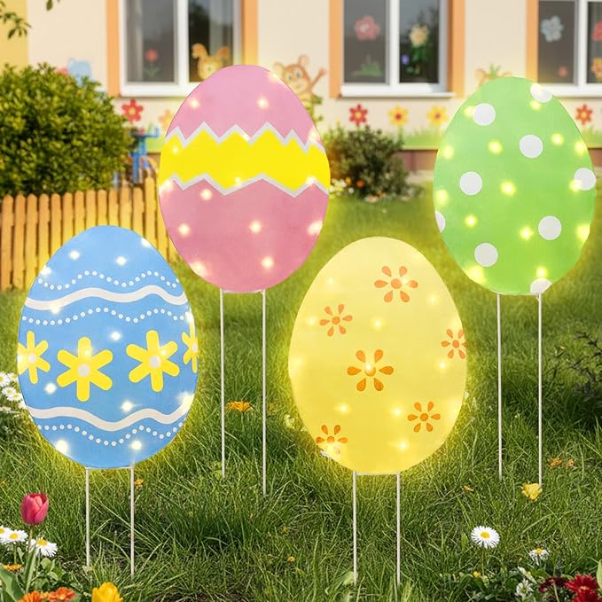 EAMBRITE Easter Decorations Outdoor Easter Egg Lights, Lighted Large Eggs Stake/Hanging/Table with Timer for Yard Signs, Window, Home, Pathway, Lawn, Garden, Spring, Indoor Outside Decor