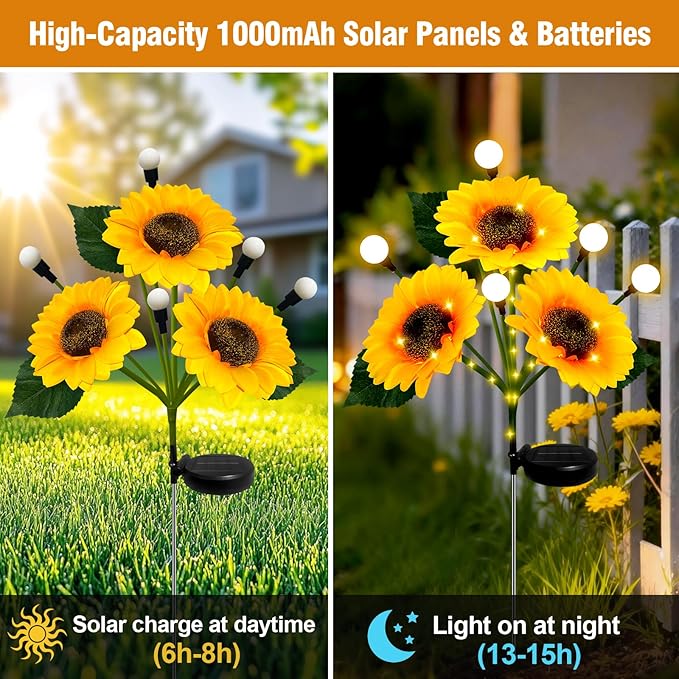 Sunflower Solar Lights Outdoor, 4 Pack Sunflowers with Firefly Lights, Waterproof Solar Flower Lights with 1000mAh Battery for Patio Porch Lawn, Gifts for Mom Women Grandma, Yard Decorations Outdoor