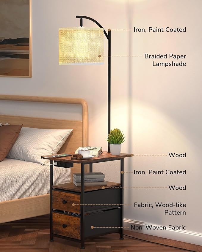 JACKYLED Floor Lamp with Table & 2 Drawers, 3-Color End Table Flood Lamp with Charging Station (USB, Type-C, AC), Vintage Side Table with Lamp for Reading, Bedroom, Living Room, Paper String Shade