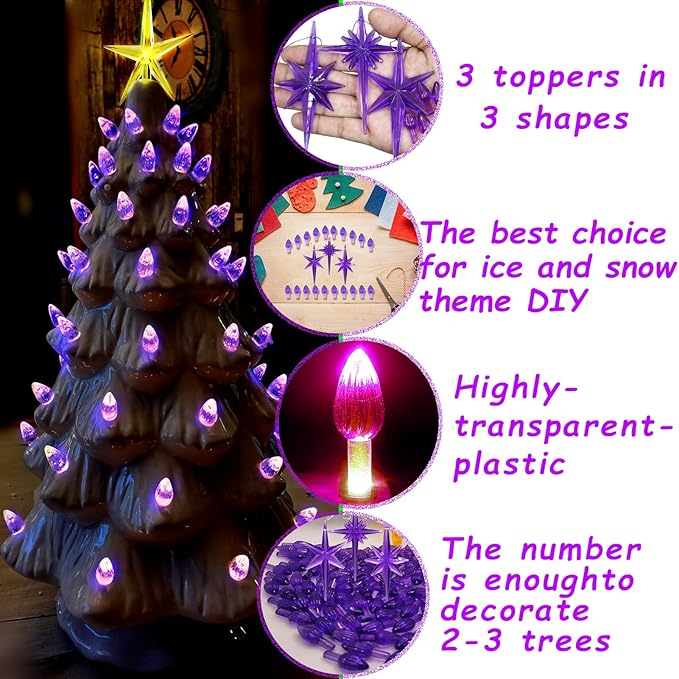 Ceramic Christmas Tree Replacement Lights Bulbs, Purple Medium Twist Plastics Pegs Ornaments for Ceramic Tree(87 Bulbs＆ 3 Topper Star)