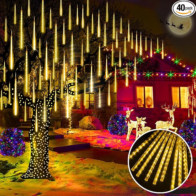KNONEW 40 Tubes 1120 LED Meteor Shower Lights Christmas Lights Outdoor Plug in Waterproof Falling Rain Light for Xmas Tree Wedding Party Garden Holiday Rooftop Decorations (Warm White)