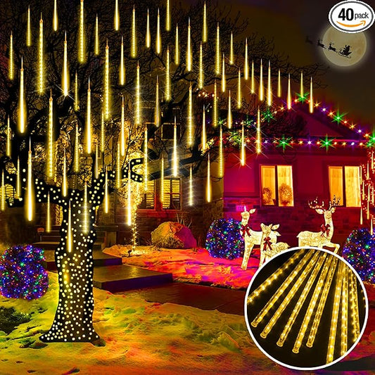 KNONEW 40 Tubes 1120 LED Meteor Shower Lights Christmas Lights Outdoor Plug in Waterproof Falling Rain Light for Xmas Tree Wedding Party Garden Holiday Rooftop Decorations (Warm White)
