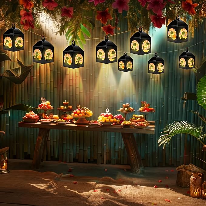 12 Sets Tropical Palm Tree Crafts with LED Candle Light DIY Hawaiian Summer Tissue Paper Craft Kits Hawaiian Luau Palm Tree Hanging Beach Jungle Embellishment for Home Decors Party